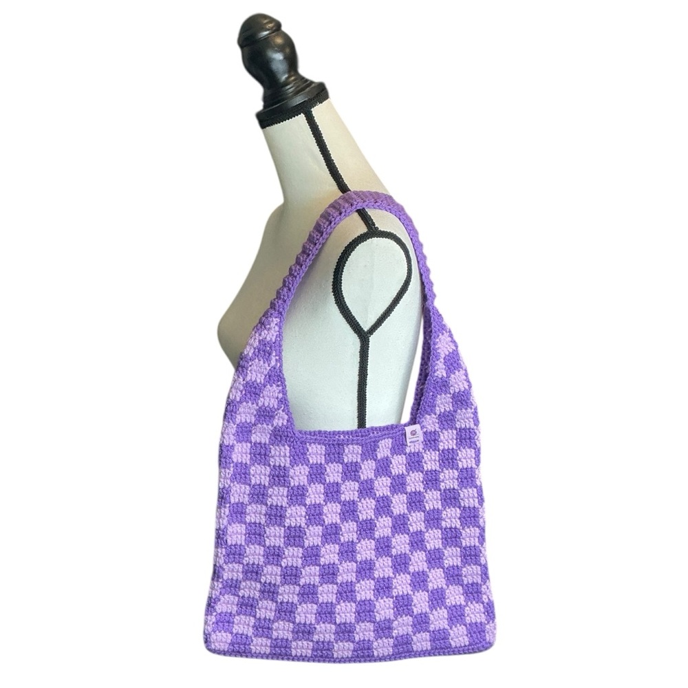 Handmade Amethyst & Soft Purple Checker Checkerboard Crochet Shoulder Tote Bag - Picture 14 of 16